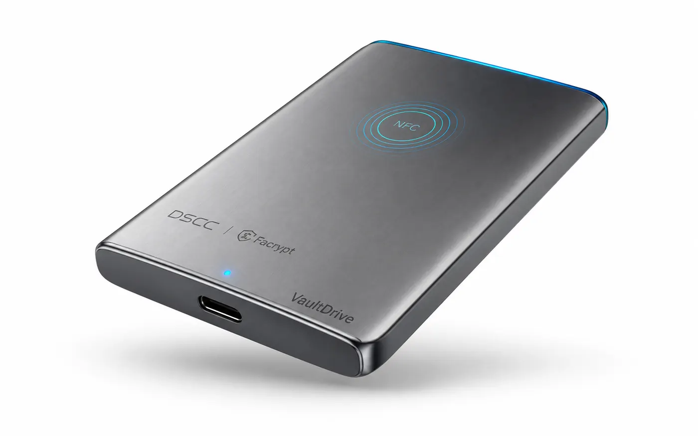 VaultDrive space gray portable SSD with NFC unlock zone and USB-C port