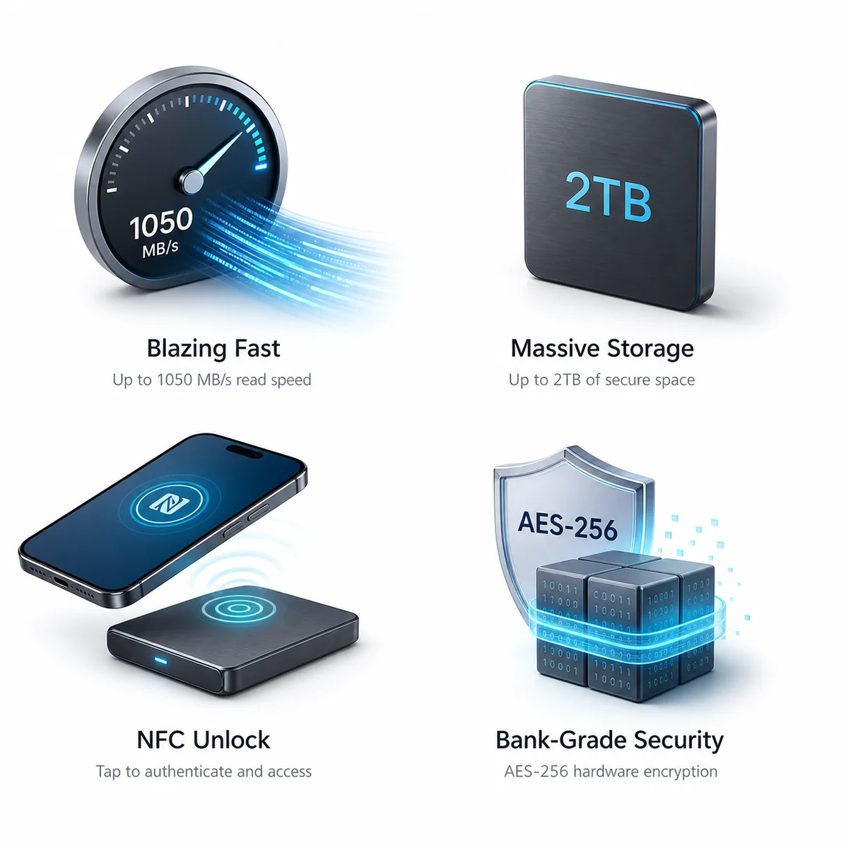 VaultDrive key benefits: speed, storage, NFC unlock, and AES-256 security