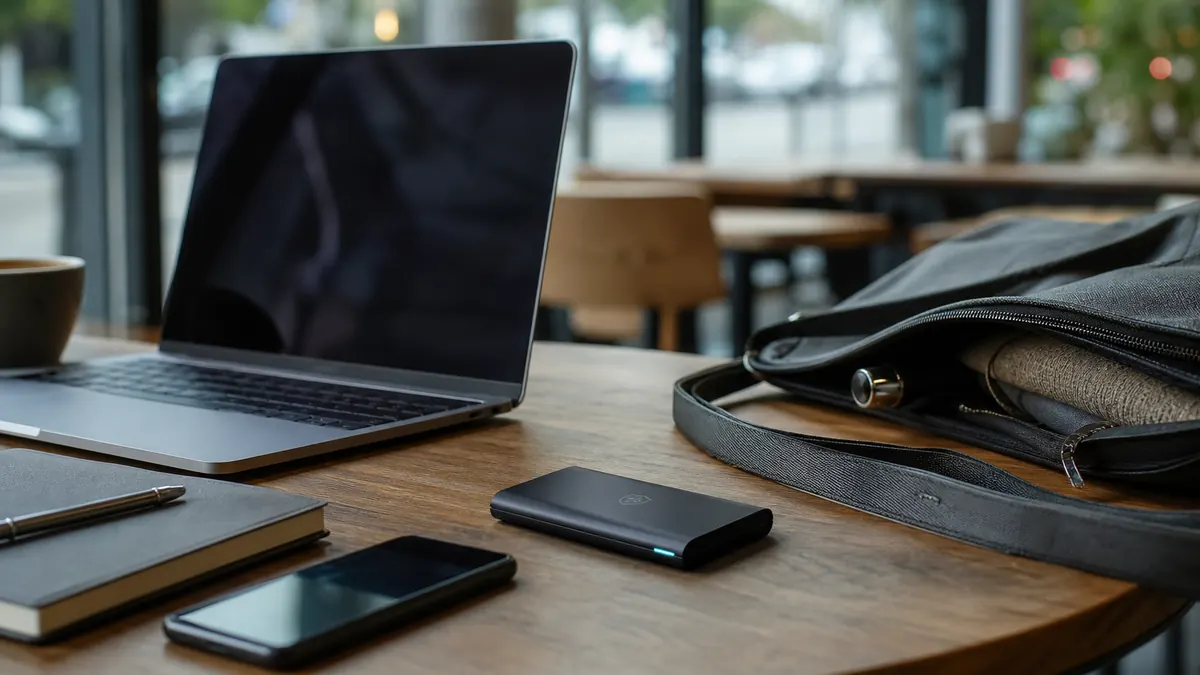 A misplaced encrypted portable SSD near a laptop and work bag in a cafe
