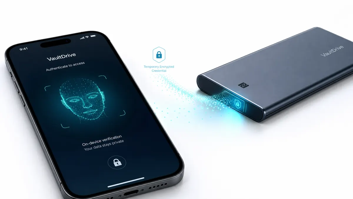 Phone-based face authentication sends a temporary encrypted credential to VaultDrive