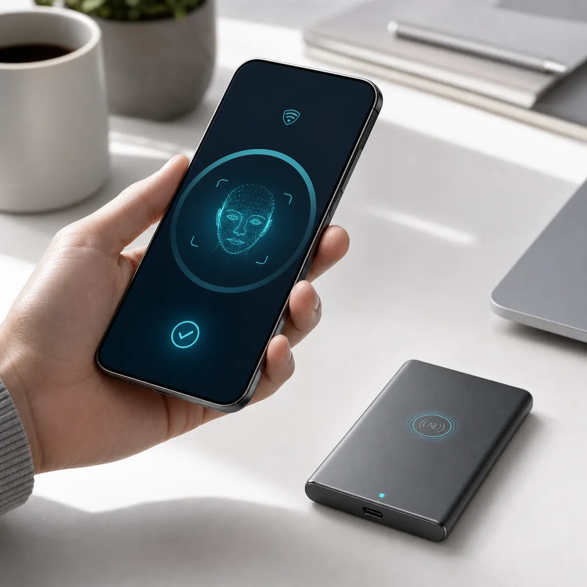 A phone verifies the user locally before unlocking VaultDrive