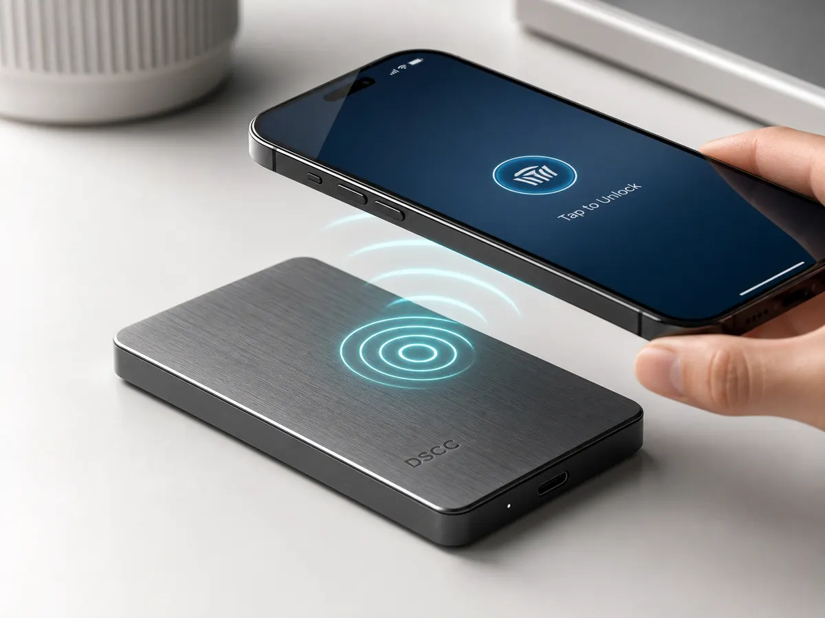 A phone taps the VaultDrive NFC zone to unlock the SSD