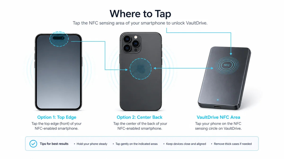 NFC tap position guide for phones and VaultDrive