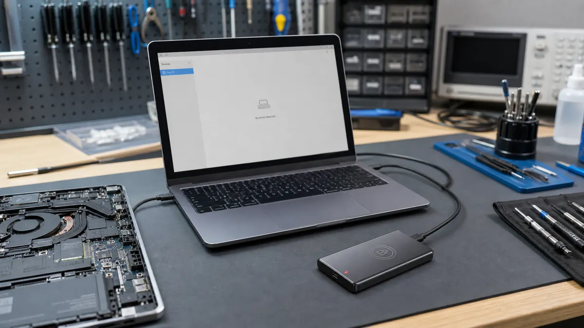 VaultDrive connected at a laptop repair desk