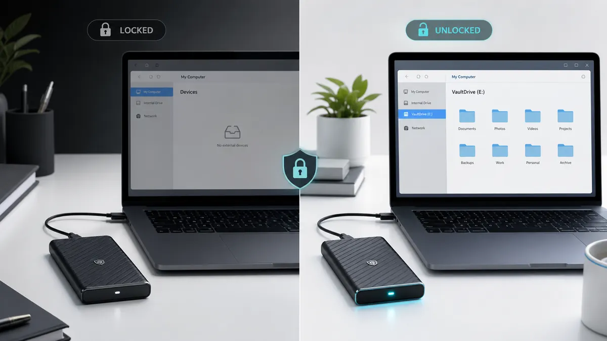 Locked VaultDrive does not mount, unlocked VaultDrive appears as a normal external volume