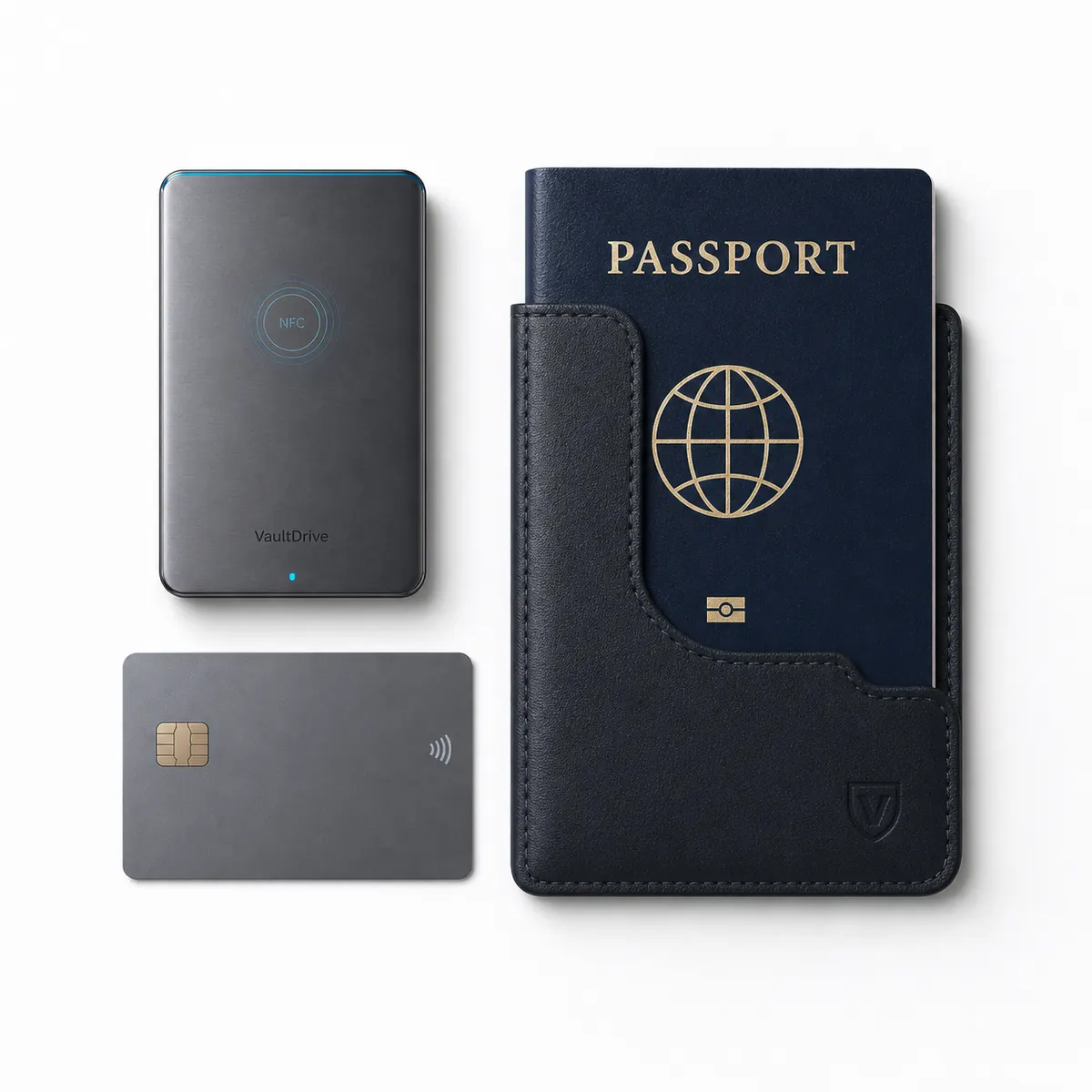 VaultDrive shown next to a card and passport sleeve for size comparison