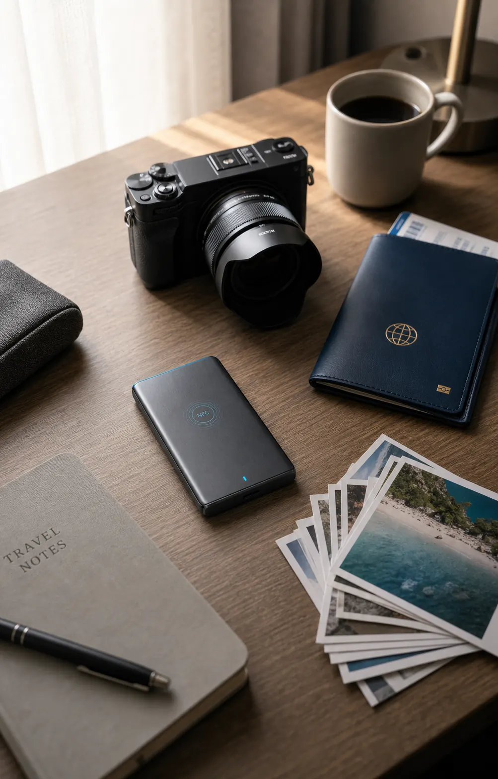 Travel desk with VaultDrive, camera, passport sleeve, and photo backups