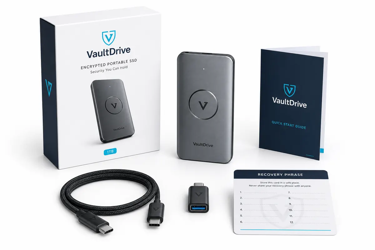 VaultDrive preorder kit with SSD, USB-C cable, adapter, quick start guide, and recovery phrase card
